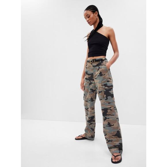 Gap Loose Khaki Cargo Pants High Rise Wide Leg Green Camo Print Women's Size 12 - Picture 2 of 13
